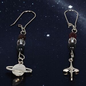 Silver Planet and Star Hypoallergenic Earrings Obsidian Agate Clear Quartz 60s